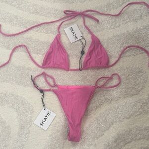Skatie Pink Textured Triangle String Bikini